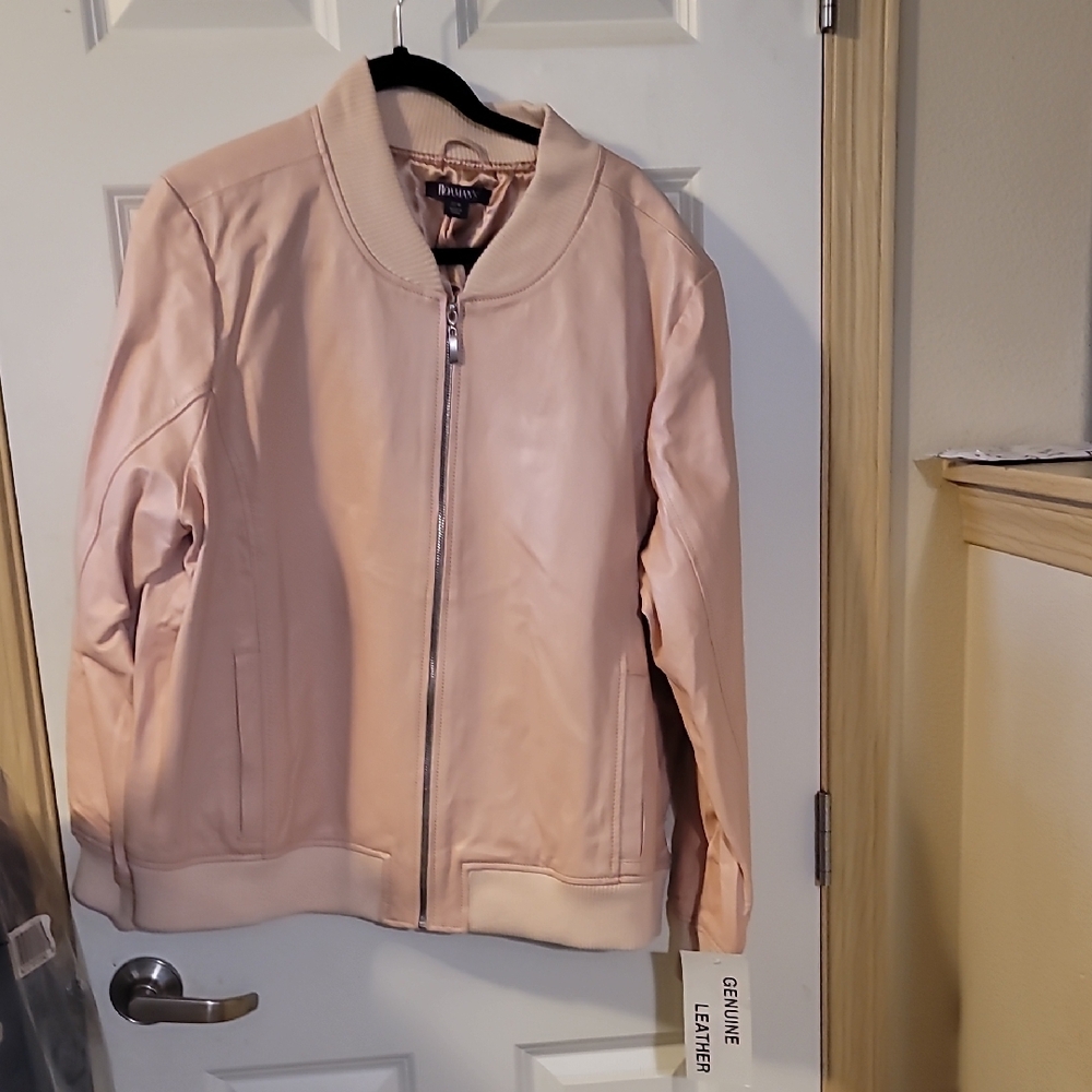 Roaman's Pink Leather Jacket with Ribbed Collar
